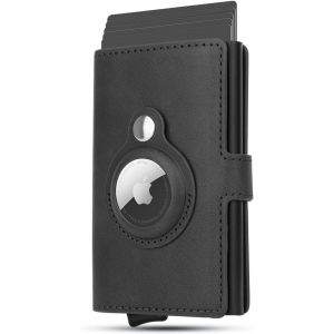 Porte-Cartes de cr&eacute;dit AirTag Wallet pour Hommes, Porte-Cartes en Cuir RFID bloquant Le bo&icirc;tier de Carte bancaire en m&eacute;tal Pop Up (Noir) - Neuf