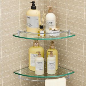 &Eacute;tag&egrave;re Murale &Eacute;tag&egrave;re d'angle en Verre &Eacute;tag&egrave;re Salle de Bain Douche Tablette &Eacute;tag&egrave;re en Verre Tremp&eacute; avec Porte Serviette 2 Pi&egrave;ces Acier Inoxydable SUS304 Bross&eacute;e, BGS2101A-2-P2 - Neuf