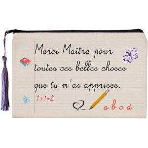 MAA-Trousse/Pochette Merci Maître avec Pompon Coton Cadeau Fin d'année Scolaire maitresse Nounou Atsem - Neuf