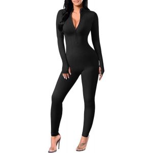 Slep-Combinaison De Yoga &Agrave; Manches Longues Col En V C&ocirc;tel&eacute; Avec Fermeture &Eacute;clair Pour Femme - Pour Jogging, Combinaison De Pantalon - Combinaison D'entra&icirc;nement - Noir - Neuf