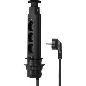 Escamotable Prise De Table 3-Fois, Noir, M&eacute;tal, Avec S&eacute;curit&eacute; Enfants, Prise Encastr&eacute;e Avec C&acirc;ble De Raccordement De 1,5 M, Prise De Courant Id&eacute;ale Pour Le Bureau, La Cuisine Et L'atelier - Neuf
