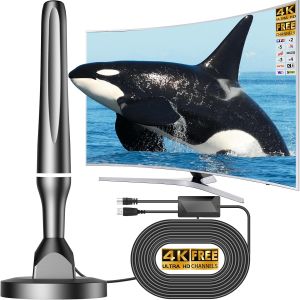 MEVRONISSHOP-Antenne TV Int&eacute;rieure Puissante TNT HD, Antenne TV Int&eacute;rieur avec Amplificateur de Signal &agrave; Gain &Eacute;lev&eacute;, 80km R&eacute;ception Longue Port&eacute;e &agrave; 360&deg; avec Base Magn&eacute;tique - Blanc - Neuf