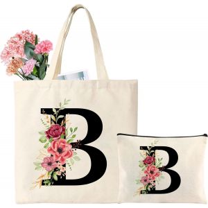 Sjzg-Sac Fourre-Tout En Toile Avec Initiale, Sac Cadeau Personnalis&eacute; Avec Trousse De Maquillage Florale, Adapt&eacute; Pour Mariage, Anniversaire, Plage, Vacances, Excellent Cadeau Pour Femme, Maman - Neuf