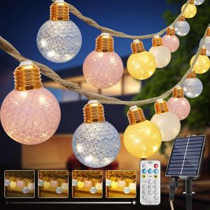 Guirlande Guinguette Extérieur 8M, Guirlande Lumineuse Exterieure avec 16 LED Ampoules Boule de Coton, 8 Modes Solaire Lumières IP65 Etanche pour Jardin d'été Patio Tente Mariage,Blanc Chaud - Neuf