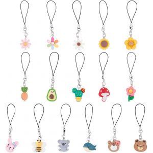 Kalanka-16 Styles Mignon Résine Téléphone Breloques Sangle 8.5-9cm Ours Lapin Koala Champignon Abeille Fleur Téléphone Breloques Kawaii Animal Fleur Téléphone Pendentifs Pour Porte Clés Décoration - Neuf