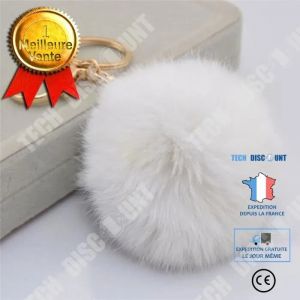 Porte-cl&eacute; Pompon - TD&reg; - Blanc - D&eacute;coratif - 8 cm - Fourrure douce - Neuf