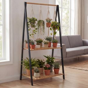 &Eacute;tag&egrave;re &Agrave; Plantes En Bambou Hwc-Q32, &Eacute;tag&egrave;re En Escalier Pour Fleurs Et Plantes, &Eacute;tag&egrave;re De Salle De Bain, Tige Avec 2 Tablettes 130 X 70 X 44 CmNaturel-Noir - Neuf
