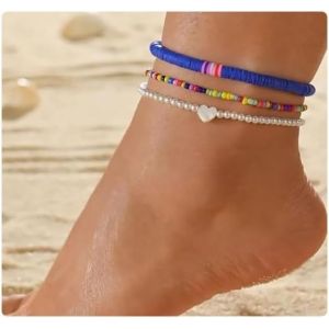 Kal-3pcs Set Bohème Coeur Chaîne De Pied Perles De Graines Colorées Bracelet De Chaîne De Pied Été Poterie Douce Pieds Bijoux Pour Les Femmes Filles (Bleu) - Neuf