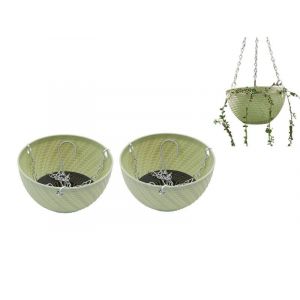 Lot de 2 paniers &agrave; fleurs suspendus verts avec trous de drainage et cha&icirc;nes pour l'int&eacute;rieur et l'ext&eacute;rieur - Neuf