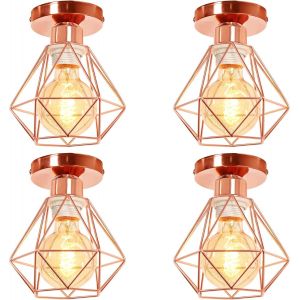 KAL-Plafonnier Industriel Vintage Luminaire E27 Rétro Lustre Suspension Design Métal Cage Ø160Mm Éclairage Plafond Pour Salon Cuisine Chambre (Or Rose-Pl-4) - Neuf