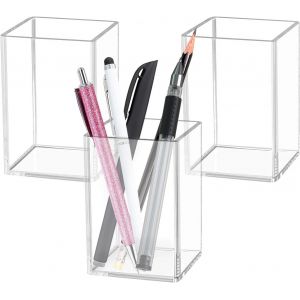 Porte-Stylo En Acrylique Bureau Transparent: 3 Pcs Porte-Stylo En Acrylique Porte-Pinceau Maquillage Porte-Pinceau Organisateur De Papeterie Tasse, Porte-Stylo Porte-Pinceau Pour Papeterie De Bureau - Neuf