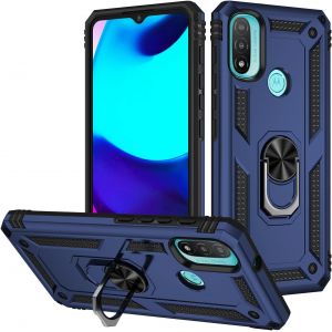 Kal-Coque Motorola Moto E40/Moto E30/Moto E20, + Verre Trempé, Étui De Protection Soft Tpu + Pc, Heavy Duty, Slim Dual Layer Protective Housse Etui Coque Avec Support De Bague En Métal, Bleu - Neuf