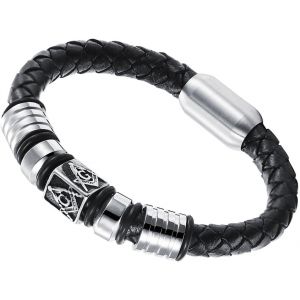 Eryi-Cool Pour Homme En Acier Inoxydable - Bracelet En Cuir Tressé En Corde Maçonnique Franc-Maçon Noir 9 Mm Bracelet Chunky Magnetic-Clasp 20,5cm - Neuf