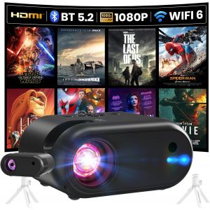 Mini Projector with Tripod 1080P with WiFi Bluetooth Portable Projector Compatible with Smartphone, HDMI, USB, TV Stick, Home Outdoor Bedroom Projector, Black - Neuf