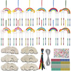 MEVRONISSHOP-Carillons &agrave; Vent pour Enfant 12 Pcs Activit&eacute; Manuelle Enfant Arc-en-ciel Carillons &eacute;oliens en Bois, Loisir Creatif pour Filles DIY Activit&eacute; Manuelles Cadeau Anniversaire &agrave; Peindre Suspen - Neuf