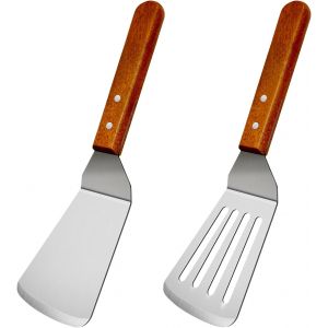 Ensemble De 2 Spatules En M&eacute;tal, Ustensiles De Cuisine : Spatule &Agrave; ?ufs De Poisson, Spatule Ajour&eacute;e En Acier Inoxydable, Petite Spatule Plate En M&eacute;tal Avec Manche En Bois Pour Wok - Neuf