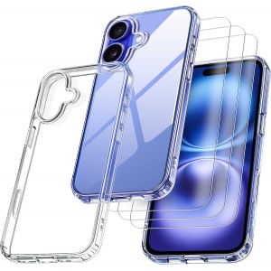 Kal-Coque Pour Iphone 16, Avec 3 Films De Verre Trempé Armor, Ne Jaunissant Jamais Norme Militaire, Résistante Aux Chocs Et Aux Rayures Coque De Protection Transparent - Neuf