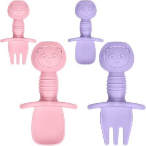Bébé Set Fourchette Et Cuillère (Rose Violet), 4 Pièces En Silicone Nourrisson D'auto-Alimentation De L'appareil, Prise En Main Facile Bambin De La Vaisselle Ensemble, Bébé Sevr - Neuf