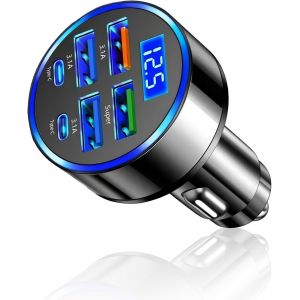 SJZG-Adaptateur De Chargeur De Voiture 6 Ports 12-24 V Super Rapide Avec Prise Allume-Cigare Universel Avec Affichage Num&eacute;rique Pour Iphone, Ipad, Samsung Galaxy Pixel Android (2Pd + Qc3.0 3.1 4 Entr - Neuf