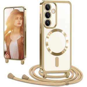 TRAHOO-Coque avec Cordon pour Samsung Galaxy A54 5G, Coque Magn&eacute;tique de Cellulaire Corde Transparent TPU &Eacute;tui en Galvanis&eacute; avec R&eacute;glable Collier T&eacute;l&eacute;phone Cha&icirc;ne Lanyard Housse pour A54, Or - Neuf