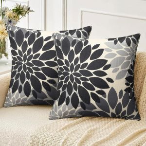Cauc-Housses De Coussin Lin 50 Cm X 50 Cm Lot De 2 Taies D'oreiller Carr&eacute;es Pour Canap&eacute; Automne Moderne Abstrait Dahlia Fleurs Noir Et Gris Oreillers D&eacute;coratifs Canap&eacute; Chambre Salon 18x18 Pouces - Neuf
