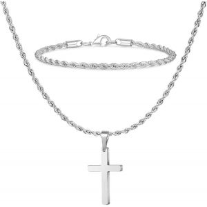 Kal-Collier Croix Pour Homme, Collier Cha&icirc;ne Pendentif Croix En Acier Inoxydable, Bracelet En Corde Torsad&eacute;e, Collier Crucifix En Argent Noir Et Or Et Bracelet Cha&icirc;ne En Corde &Eacute;paisse - Neuf