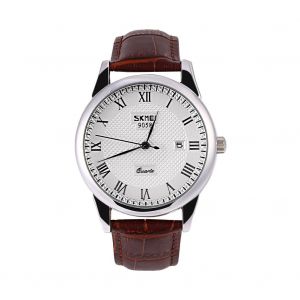 Montre-Bracelet Analogique A Quartz Pour Couple Avec Bracelet En Cuir (Cadran Argente Et Bracelet Cafe Pour Homme) - Neuf