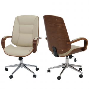 Chaise de bureau HWC-O83, chaise pivotante, fauteuil de direction, similicuir (280 g/m&sup2;) Bois courb&eacute; certifi&eacute; MVG Aspect noyercr&egrave;me - Neuf