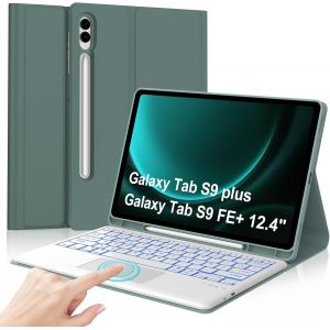 Coque Clavier Samsung Galaxy Tab S9 Fe Plus/S9 Plus 12.4"" 2023, &Eacute;tui Keyboard 7 Couleurs R&eacute;tro&eacute;clair&eacute;es Azerty Layout Bluetooth Amovible Avec Pav&eacute; Tactile Avec Porte Crayon, Vert Fonc&eacute; - Neuf