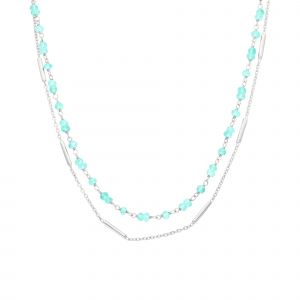 Collier Argent Rhodi&eacute; Doubles Cha&icirc;nes Barrettes Et Perles Naturelles Amazonite - Neuf