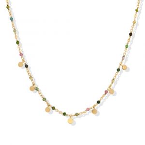 Collier Argent Dor&eacute; Petites Perles Pampilles Et Pierre Tourmaline - Neuf