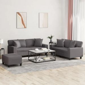 Prolenta Premium - Ensemble De Canapés 3 Pcs Avec Coussins Gris Similicuir - Neuf