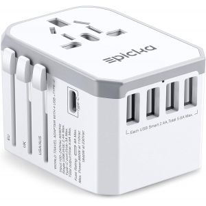 ERYI-Adaptateur Prise Universelle, Adaptateur Voyage 28W, Prise Universelle Voyage Avec 1-Usb-C, 4-Usb-A Adaptateur Universel De Voyage Pour Angleterre Amérique Australie Japon (Ta-105, Blanc) - Neuf