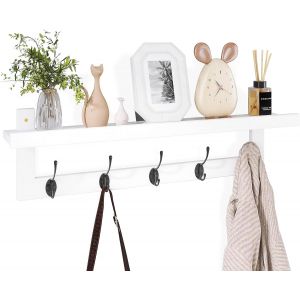 Porte-manteau mural avec &eacute;tag&egrave;re en bambou, 74 cm, avec 5 doubles crochets m&eacute;talliques pour salle de bain, chambre &agrave; coucher, cuisine, salon, vestiaire (blanc + noir) - Neuf