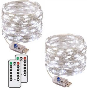 TRAHOO-Lot de 2 guirlandes lumineuses &agrave; DEL, 120 LED, 13 m, &eacute;tanche, avec t&eacute;l&eacute;commande et minuterie, 8 modes, pour chambre, mariage, f&ecirc;te, d&eacute;corations de No&euml;l (blanc froid) - Neuf
