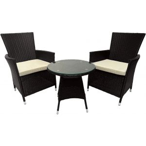 Ensemble De Jardin Ext&eacute;rieur 3 Pi&egrave;ces 2 Fauteuils R&eacute;sine Tress&eacute;e Marron Fonc&eacute; Et Table Ronde En Verre 10_0007922 - Neuf