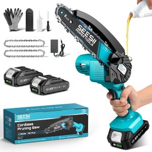 MEVRONISSHOP-Mini Tron&ccedil;onneuse &agrave; Batterie, 6 Pouces Tron&ccedil;onneuse &Eacute;lectrique sans Fil, avec Injecteur de Lubrifiant et 2 Batteries, Mini Scie &agrave; Cha&icirc;ne &Eacute;lectrique Rechargeable, 2 Cha&icirc;nes - Neuf