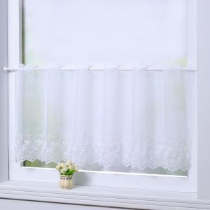 Rideau Brise-Bise En Voile Rideaux Voilage Broderie Fleur Transparent Passe Tringle Décoration De Fenêtre Jasmin Blanc Hxl 60x140cm 1 Pièce - Neuf
