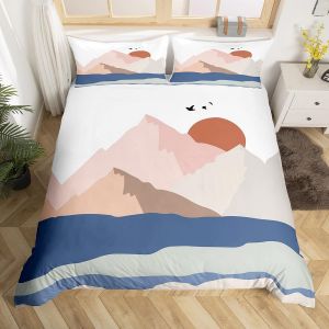Housse De Couette Homewish Farmhouse Pour Lit Double, Parure De Lit Style Japonais Motif Montagne Rouge Et Soleil Pour Enfants, Housse De Couette Style Chalet, Parure - Neuf