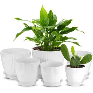TEPPE-Lot de 6 Pots de Fleurs Interieur, Pots de Fleurs en Plastique avec Soucoupe et Trous de Rainage pour Intérieur et Extérieur, Balcon, Jardin, Pot Plante 17,5/15,5/14/12,5/11,5/10 cm, Blanc - Neuf