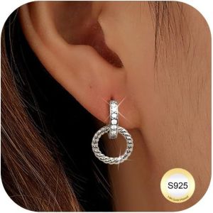 Kalhx-Boucles D'oreilles Cr&eacute;oles En Argent Sterling S925-Double Cercle-Avec Zircone-Or/Argent-Boucles D'oreilles Pendantes-Double Cercle-Hypoallerg&eacute;niques-Cadeau Pour Femme - Neuf