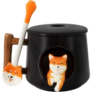 Shiba Inu Tasse &Agrave; Caf&eacute; 3d - Motif Int&eacute;rieur - Avec Couvercle D'ouverture Et Cuill&egrave;re Mignonne - Pour Bureau, Famille Et Amis - 420 Ml - Noir - Neuf