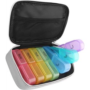 Tianyi-Pilulier Semaine Matin Soir Pilulier Hebdomadaire 7 Jours Matin Et Après Midi Deux Fois Par Jour Sac En Cuir Pu Avec Fermeture Éclair Paquet Huile De Poisson, Vitamines (Argent) - Neuf