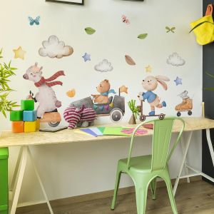 Stickers Muraux Animaux Autocollants Muraux Mural Stickers Ours Éléphant Mouton Lapin Renard Raton Laveur Pour Chambre Enfants Chambre Bébé Pépinière Salon Décoration Murale (Voiture Animale C) - Neuf
