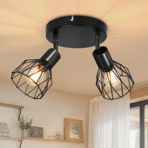 ERYI-Plafonnier Spot Orientable Avec Douille E14 - Style Rétro Spots De Plafond - Plafonnier Led Cuisine 2 Spots Noir - Plafonnier Industriel Pour Cuisine Chambre Salon, Sans Ampoules - Neuf