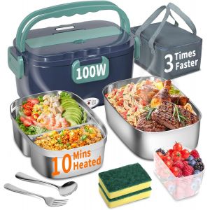 Boîte À Déjeuner Électrique 100 W, 3 En 1, Portable, Chauffante, 1,5 L, En Acier Inoxydable, 12 V/24 V/220 V, Pour Voiture, Camion, Bureau, Avec Sac Isotherme (Deux Récipients) - Neuf