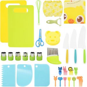 Mevronisshop-Kit Couteau Cuisine Enfant, 32 Pi&egrave;ces Couteau Montessori Enfants Avec Ondul&eacute; Et Planche &Agrave; D&eacute;couper, Plastique Ustensile Cuisine Enfant Pour Couper Des Fruits Ou L&eacute;gume - Neuf
