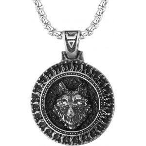 Trahoo-Collier Pendentif Tête De Loup En Acier Inoxydable Pour Homme - Collier Pour Homme Punk Gothique - Avec Chaîne En Blé De 22" - Argent (Cadeau - Fête/Anniversaire/Soirée À Thème/Père/Frère) - Neuf