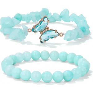 Eryi-2 Pcs Bracelets De Pierre De Cristal De Guérison, Bracelets Papillon En Cristal Naturel Pour Les Femmes, Bracelet De Pierres Précieuses Superposées, Cadeaux D'anniversaire Et De Noël - Neuf