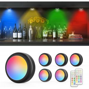 Lampe De Placard Lot De 6, 13 Couleurs Led Veilleuse Avec Télécommande, Minuterie Intensité Réglable Lumière Cuisine Sous Meuble Eclairage Led À Piles Pour Armoire,Escalier,Vitrine (T025 Noir) - Neuf